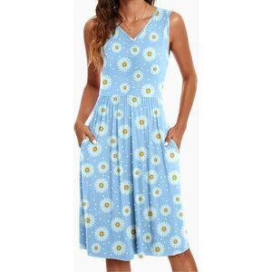 NWT Niloufo Casual Sleeveless V-Neck Midi Dress w/Pockets, Blue-Daisies (Lg)
